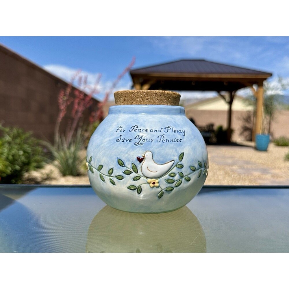 Russ "Save Your Pennies" Stoneware Bank & Cork Lid - Excellent Vintage 1980s